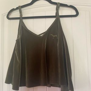 PINK Olive Green Crushed Velvet Cropped Tank Top Womens Shirt